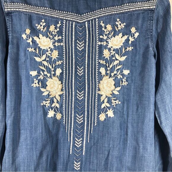 Driftwood Auger Falls Floral Embroidered Chambray Denim Button Up Shirt Small - Picture 6 of 7